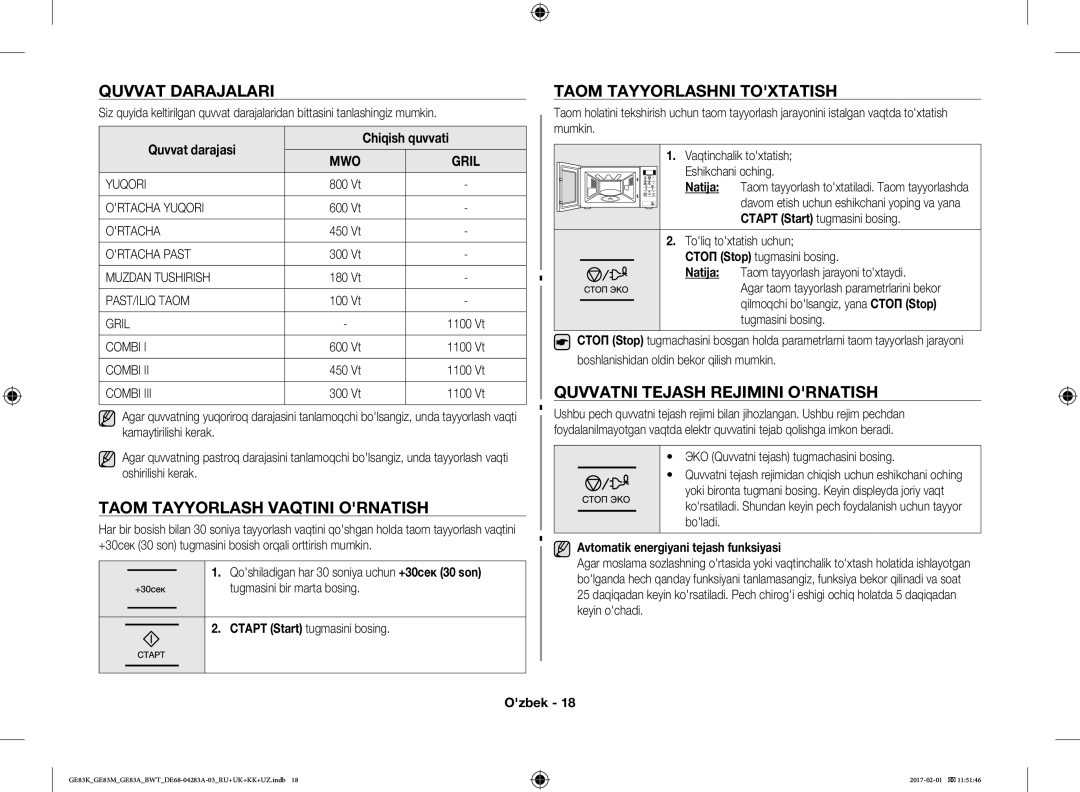 Samsung GE83MRTS/BW, GE83KRS-3/BW manual Quvvat Darajalari, Taom Tayyorlash Vaqtini Ornatish, Taom Tayyorlashni Toxtatish 