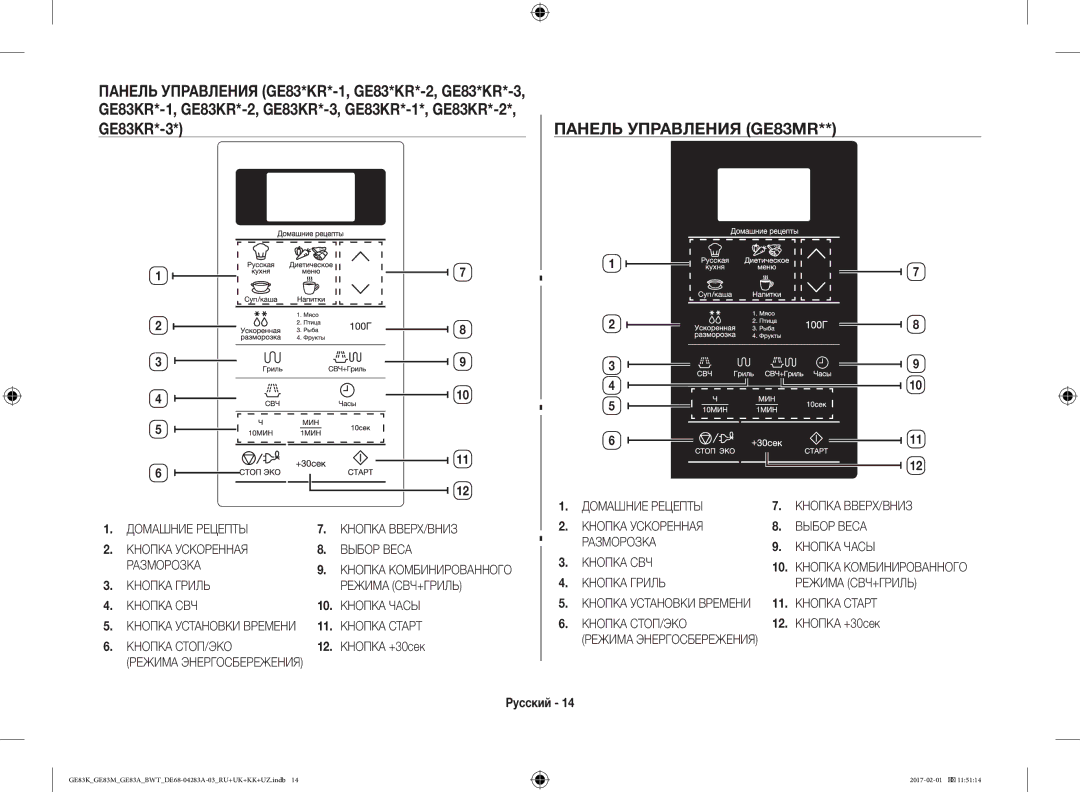 Samsung GE83KRW-2/BW, GE83KRS-3/BW, GE83KRW-1/BW, GE83EKRW-1/BW, GE83KRW-3X/BW, GE83KRS-1/BW manual Панель Управления GE83MR 