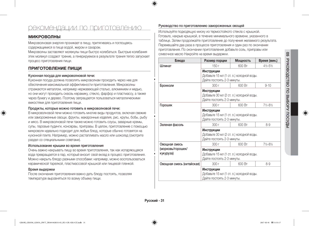 Samsung GE83KRS-2/BW, GE83KRS-3/BW Рекомендации по приготовлению, Микроволны, Приготовление Пищи, Мощность, Инструкции 