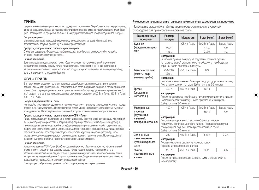 Samsung GE83KRW-2/BW, GE83KRS-3/BW, GE83KRW-1/BW, GE83EKRW-1/BW, GE83KRW-3X/BW, GE83KRS-1/BW, GE83MRTS/BW manual СВЧ + Гриль 
