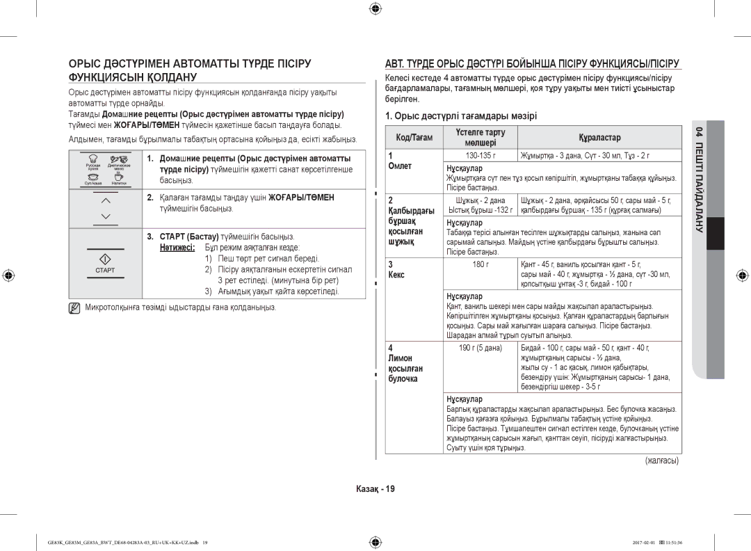 Samsung GE83KRS-3/BW, GE83ARW/BW Орыс Дәстүрімен Автоматты Түрде Пісіру Функциясын Қолдану, Орыс дәстүрлі тағамдары мәзірі 