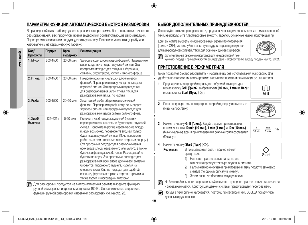 Samsung GE83M/BAL manual Выбор дополнительных принадлежностей, Приготовление в режиме гриля, Кухонными рукавицами 