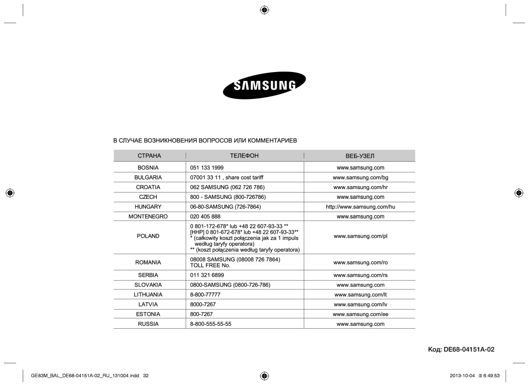 Samsung GE83M/BAL manual Код DE68-04151A-02 