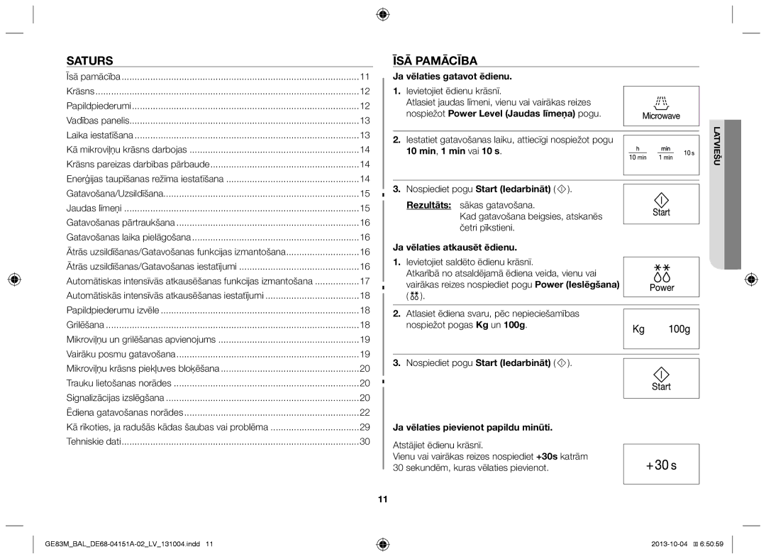 Samsung GE83M/BAL manual Saturs, Īsā pamācība 