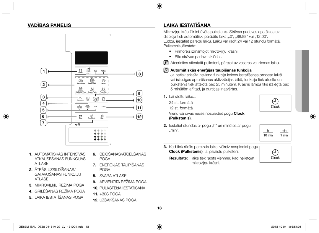 Samsung GE83M/BAL manual Vadības panelis Laika iestatīšana, Automātiskās enerģijas taupīšanas funkcija, Pulkstenis 