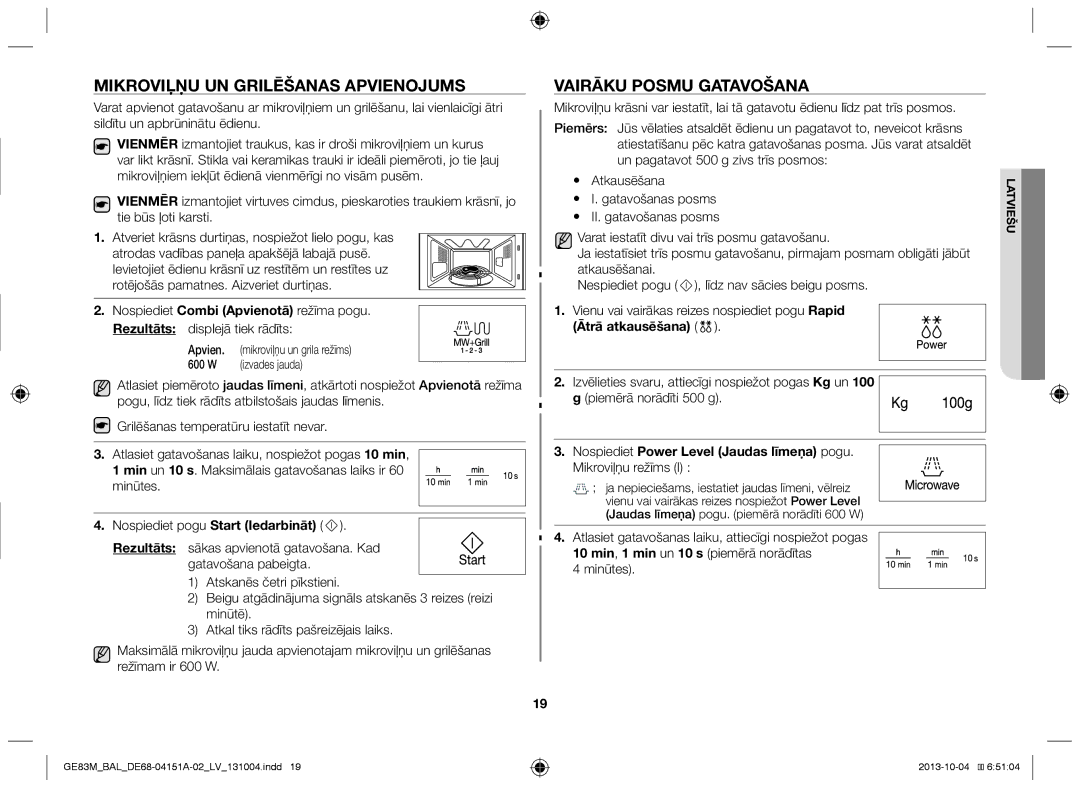 Samsung GE83M/BAL manual Ātrā atkausēšana, Atlasiet gatavošanas laiku, attiecīgi nospiežot pogas 