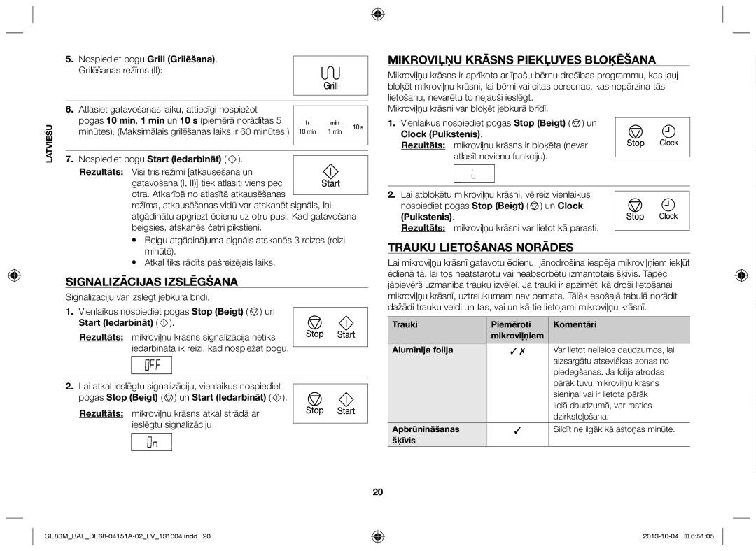 Samsung GE83M/BAL manual Signalizācijas izslēgšana, Mikroviļņu krāsns piekļuves bloķēšana, Trauku lietošanas norādes 