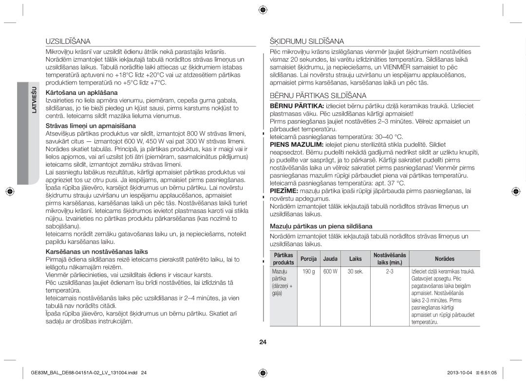 Samsung GE83M/BAL manual Uzsildīšana, Šķidrumu Sildīšana, Bērnu Pārtikas Sildīšana 