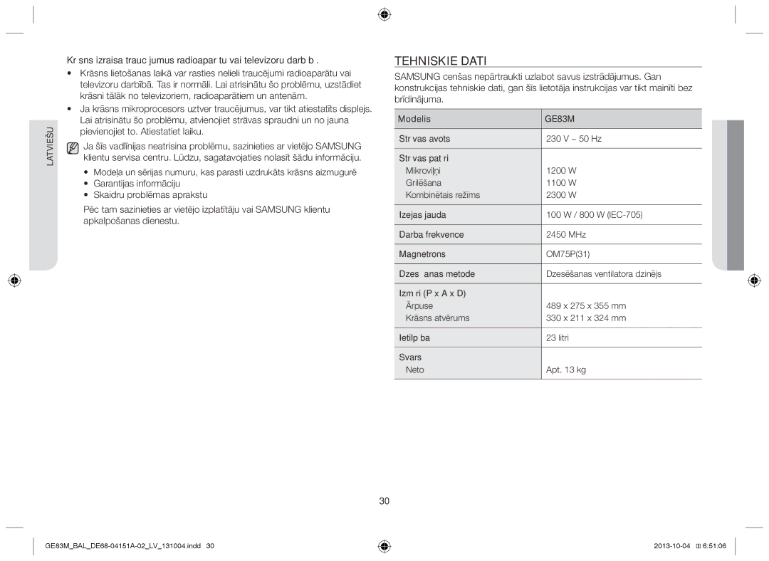 Samsung GE83M/BAL manual Tehniskie dati, Modelis 