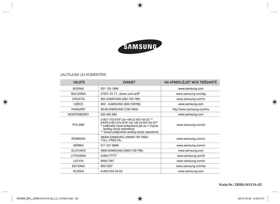 Samsung GE83M/BAL manual Koda Nr. DE68-04151A-02 