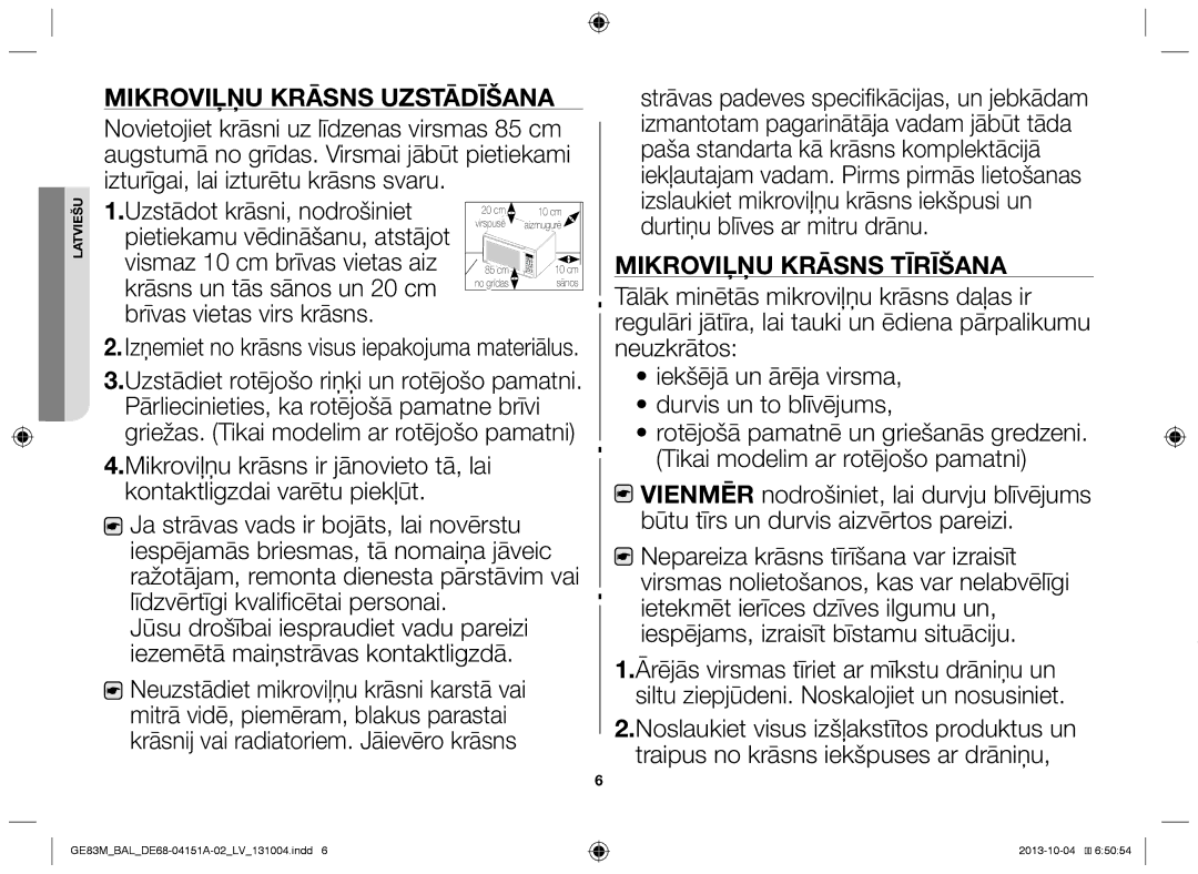 Samsung GE83M/BAL manual Mikroviļņu krāsns uzstādīšana 