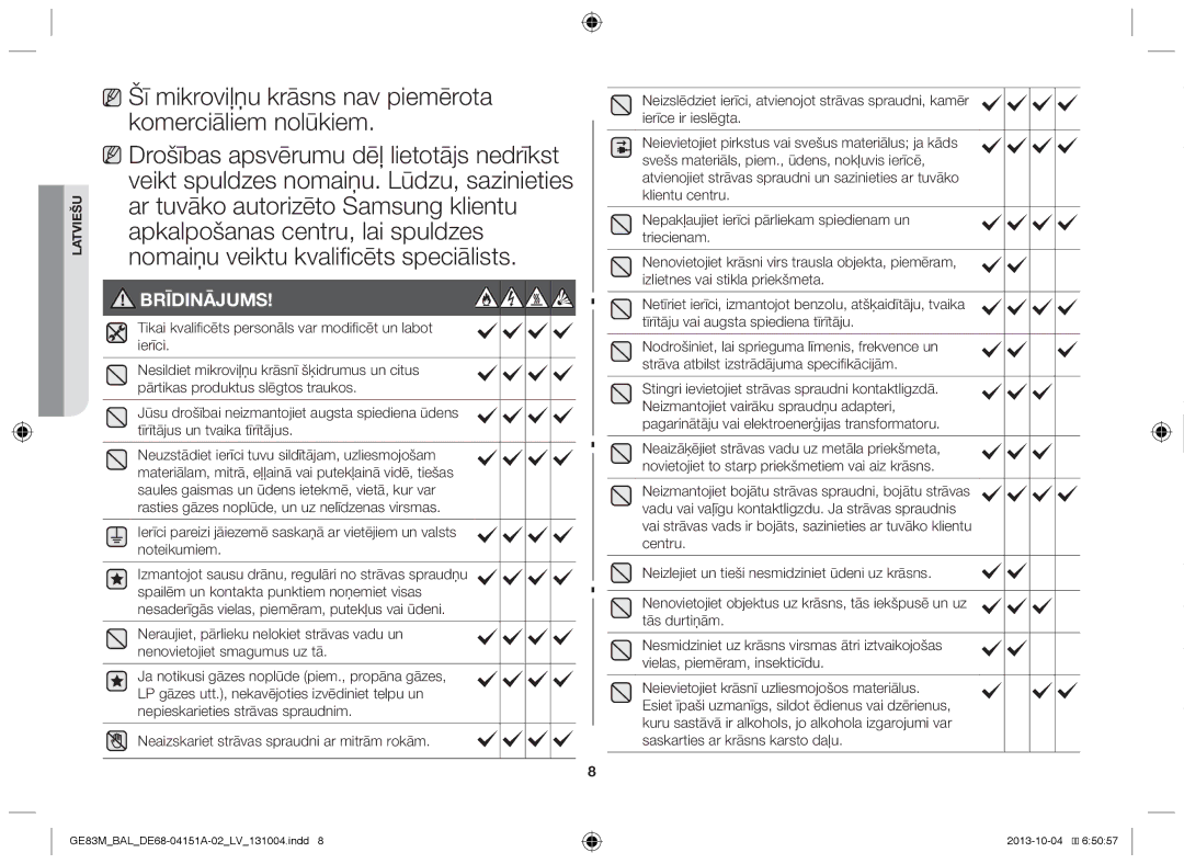 Samsung GE83M/BAL manual Brīdinājums 