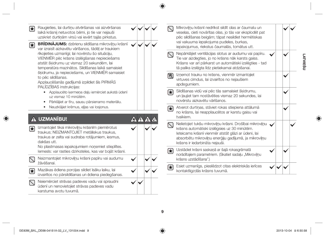 Samsung GE83M/BAL manual Neizmantojiet mikroviļņu krāsni papīru vai audumu žāvēšanai 