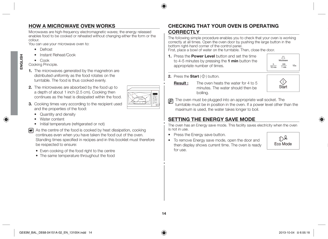 Samsung GE83M/BAL How a microwave oven works, Checking that your oven is operating correctly, Setting the energy save mode 