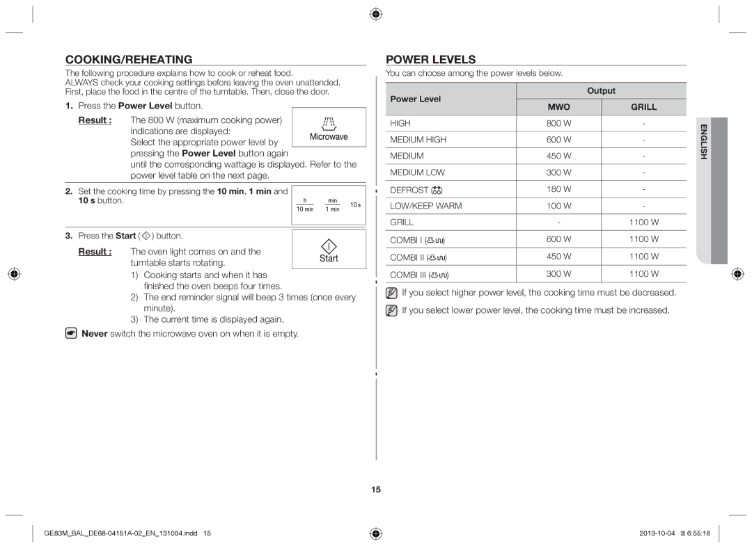 Samsung GE83M/BAL manual Cooking/Reheating, Power levels, Following procedure explains how to cook or reheat food 