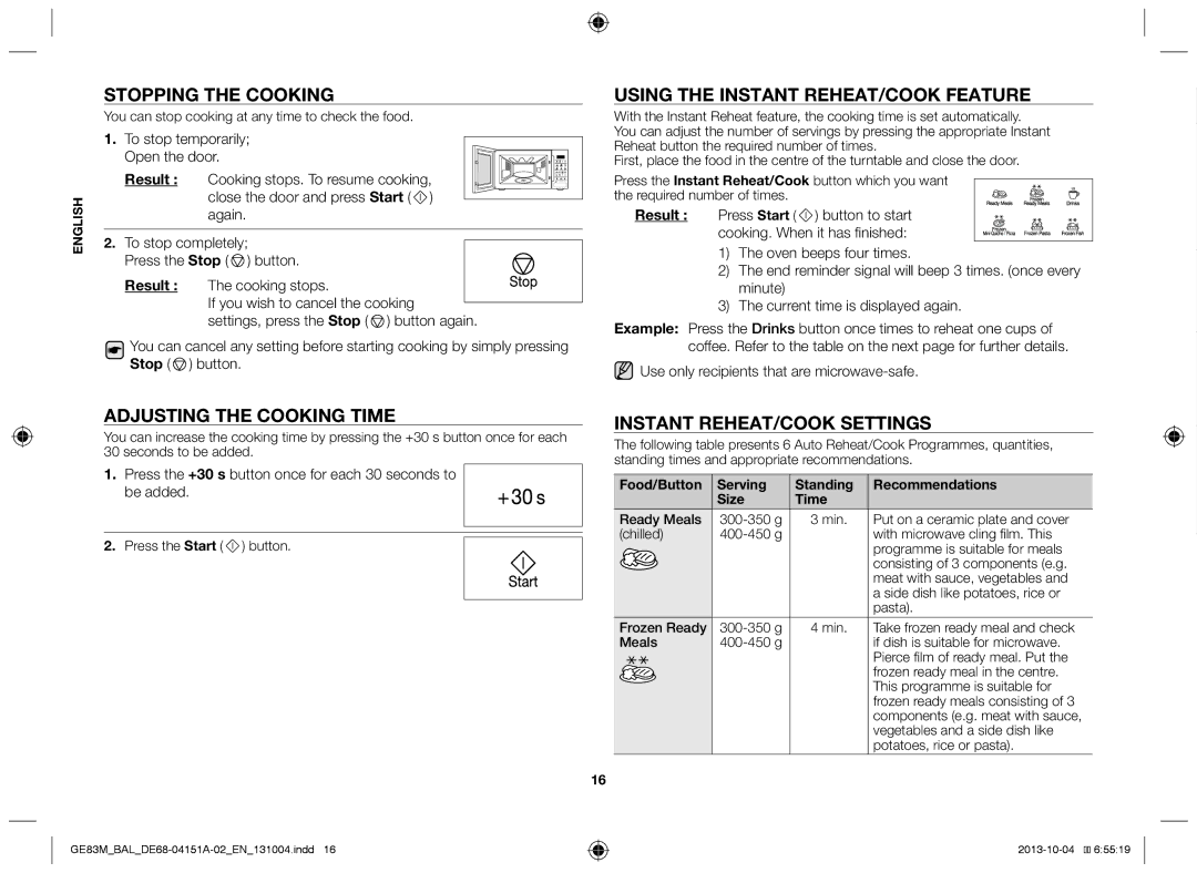 Samsung GE83M/BAL manual Stopping the cooking, Adjusting the cooking time, Using the instant reheat/cook feature 