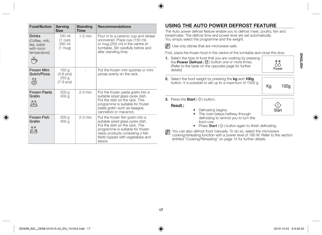 Samsung GE83M/BAL manual Using the auto Power defrost feature, Result 