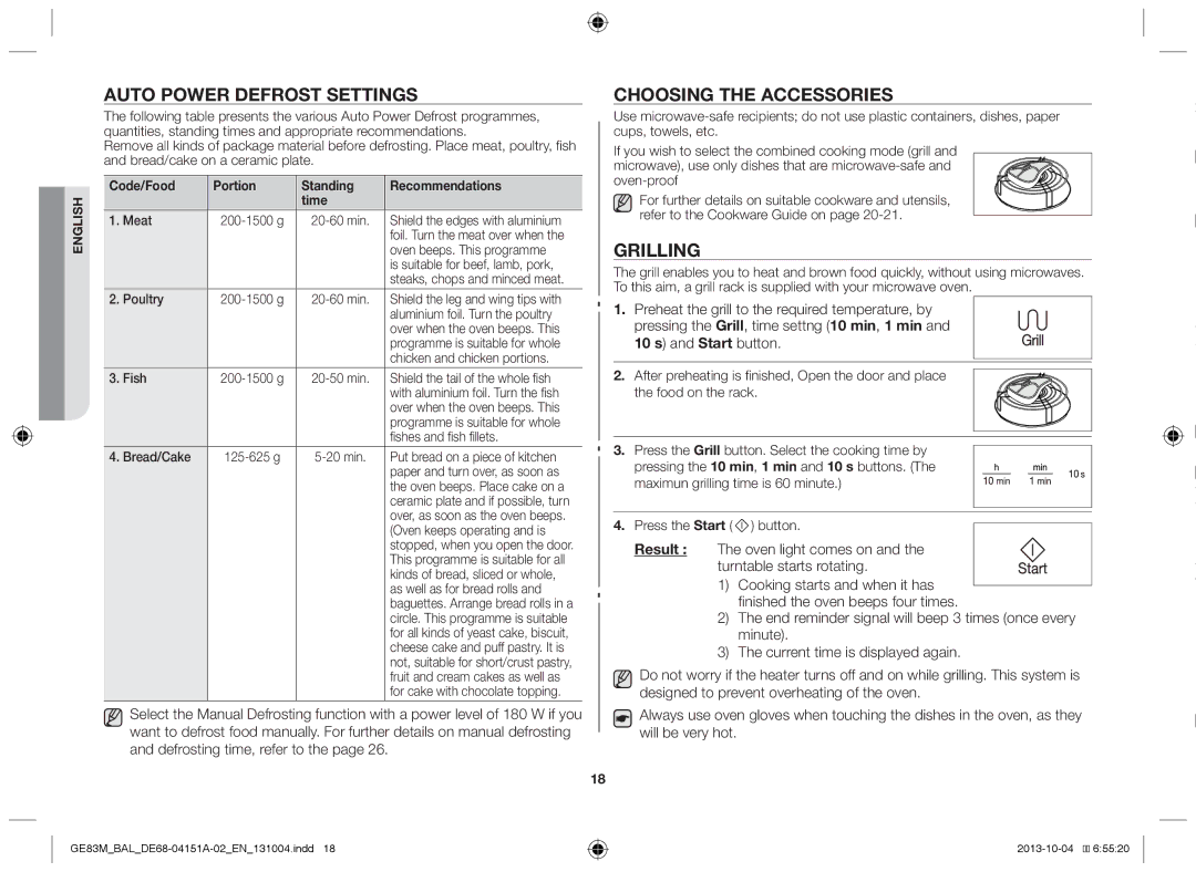 Samsung GE83M/BAL manual Auto power defrost settings, Choosing the accessories, Grilling, Start button 