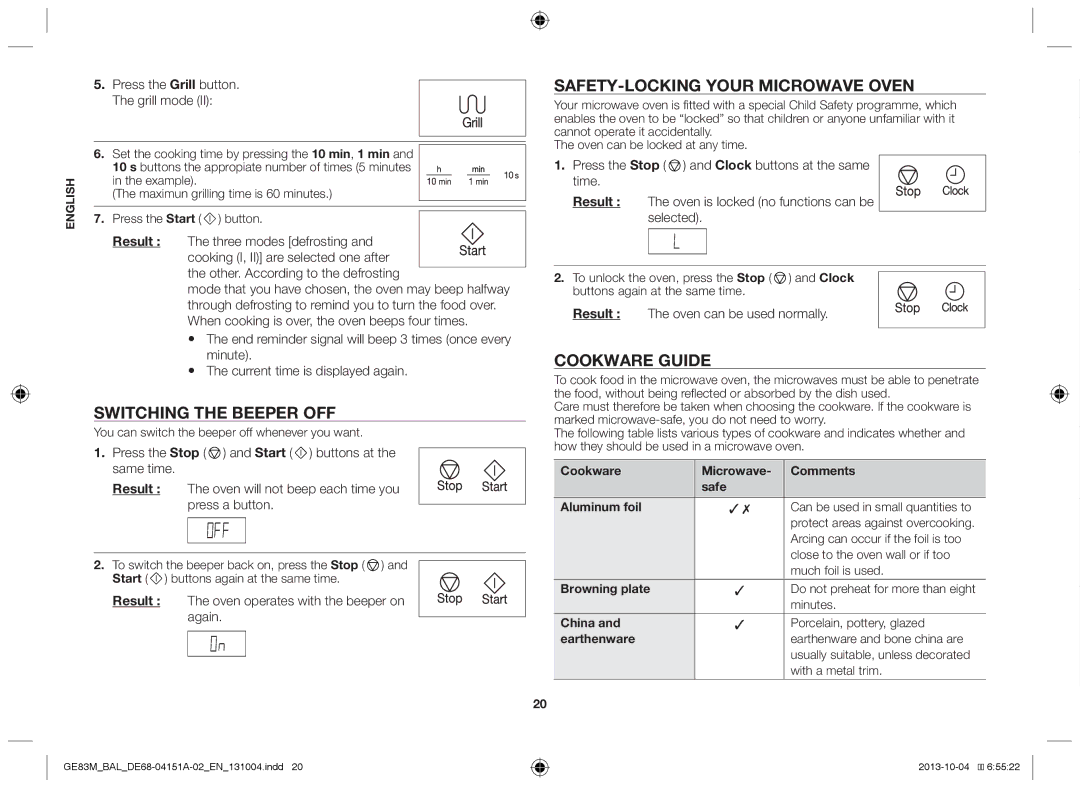 Samsung GE83M/BAL manual Switching the beeper off, Safety-locking your microwave oven, Cookware guide 