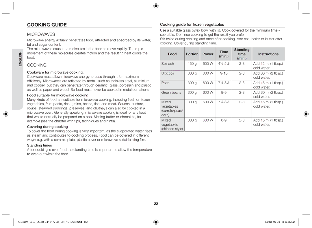 Samsung GE83M/BAL Microwaves, Cooking guide for frozen vegetables, Time Standing Food Portion Power Instructions Min 