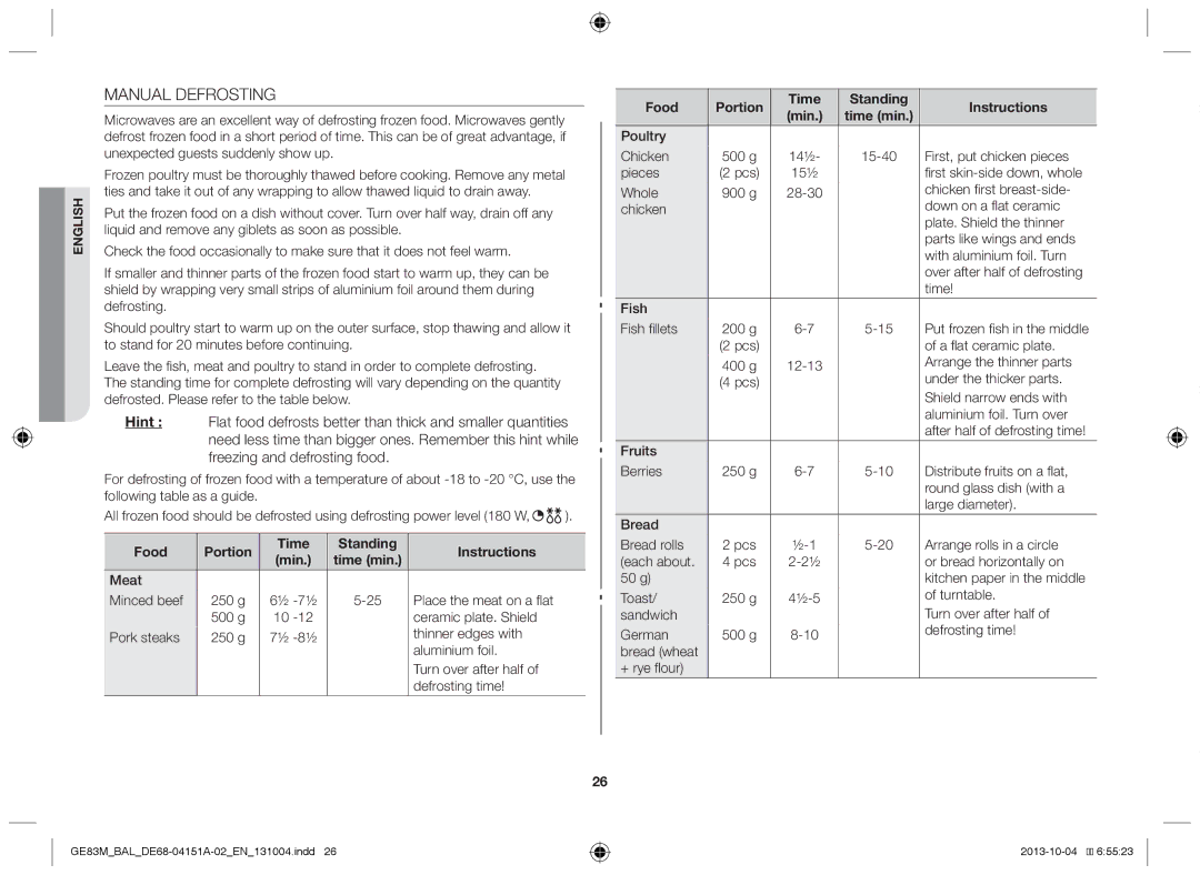 Samsung GE83M/BAL manual Manual Defrosting 