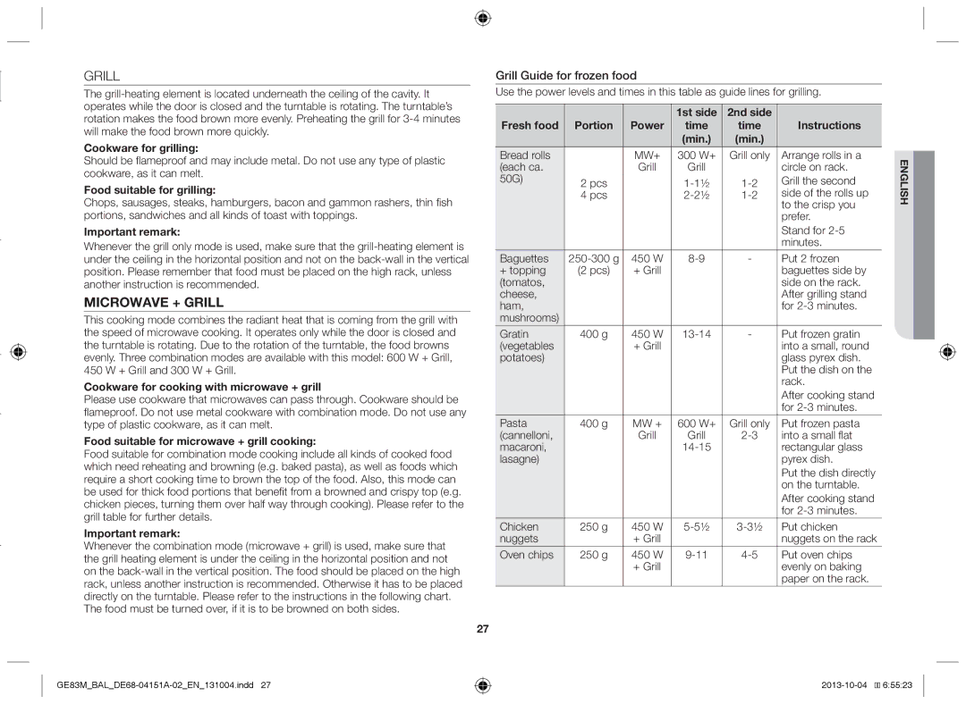 Samsung GE83M/BAL manual Grill Guide for frozen food 