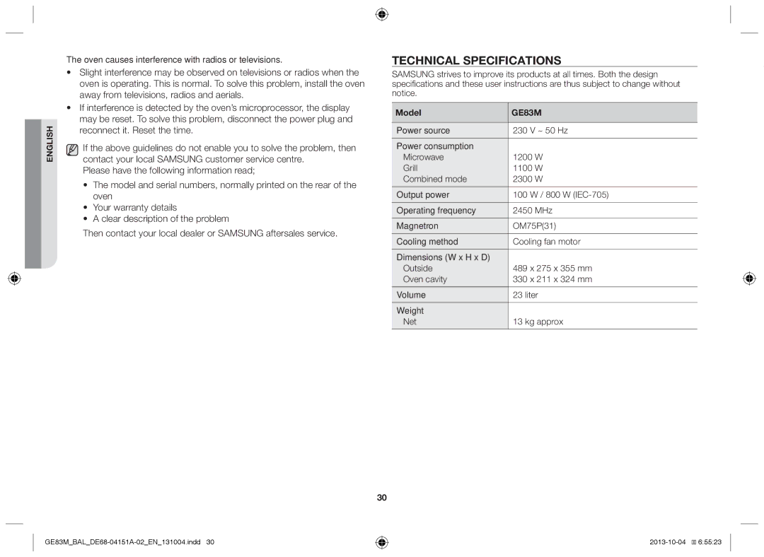 Samsung GE83M/BAL manual Technical specifications, Oven causes interference with radios or televisions, Model 