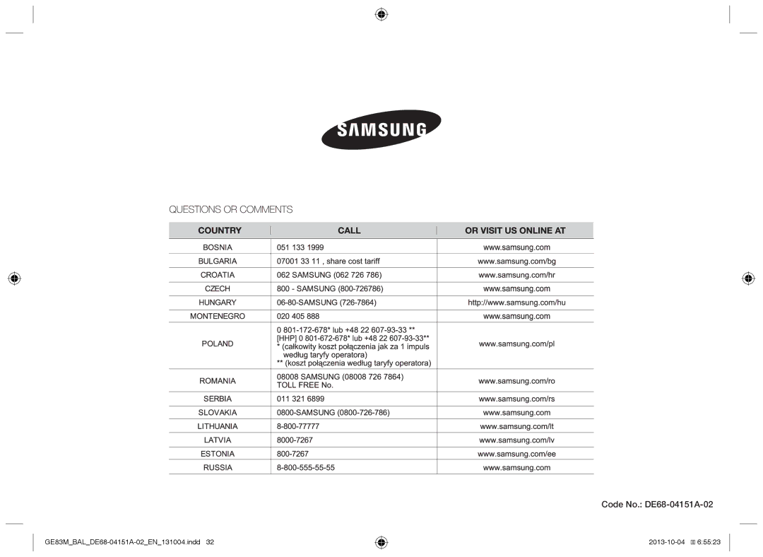 Samsung GE83M/BAL manual Code No. DE68-04151A-02 