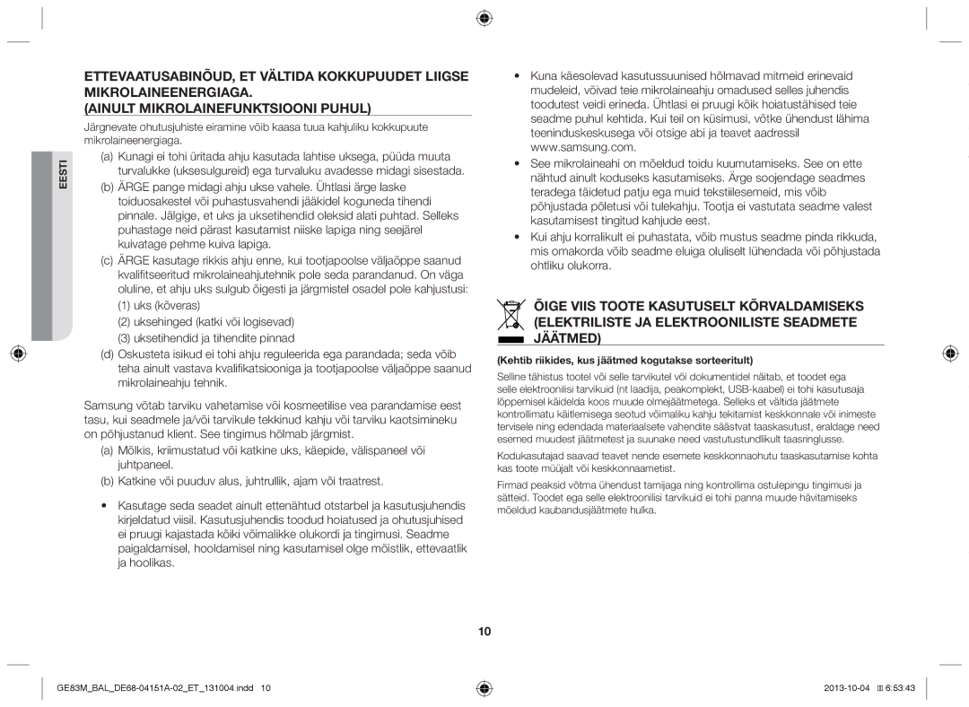 Samsung GE83M/BAL manual Kehtib riikides, kus jäätmed kogutakse sorteeritult 