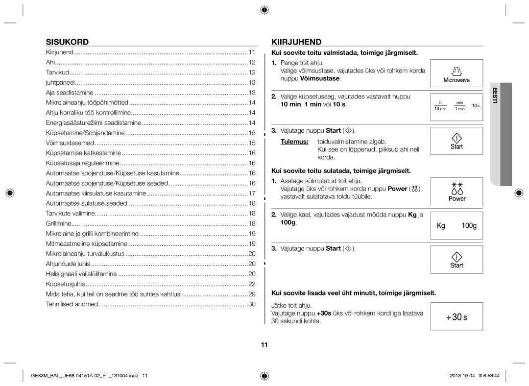 Samsung GE83M/BAL manual Sisukord, Kiirjuhend 