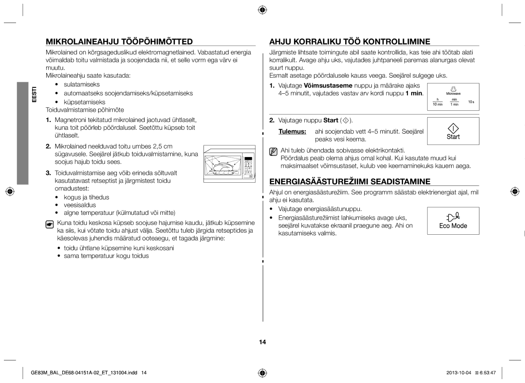 Samsung GE83M/BAL manual Mikrolaineahju tööpõhimõtted, Ahju korraliku töö kontrollimine, Energiasäästurežiimi seadistamine 