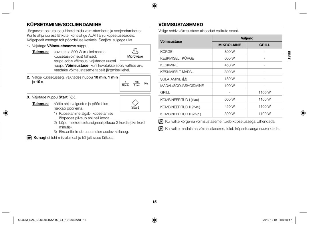 Samsung GE83M/BAL manual Küpsetamine/Soojendamine, Võimsustasemed, Valige sobiv võimsustase alltoodud valikute seast 