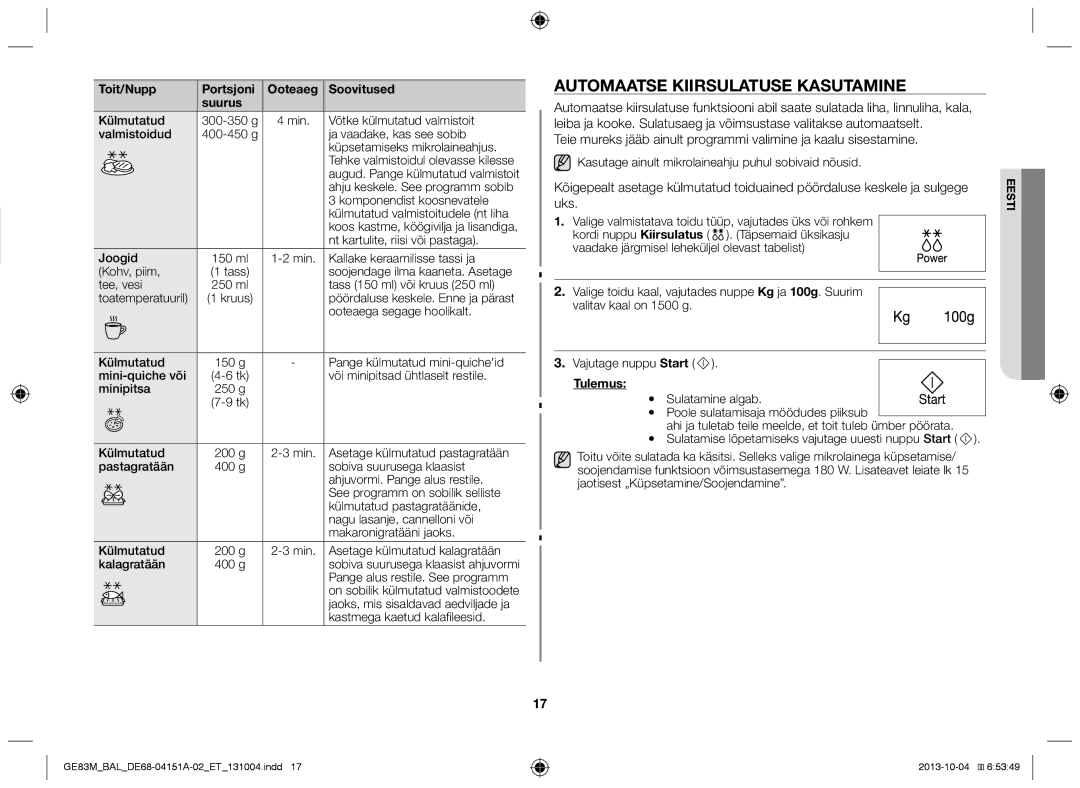 Samsung GE83M/BAL manual Automaatse kiirsulatuse kasutamine, Tulemus 