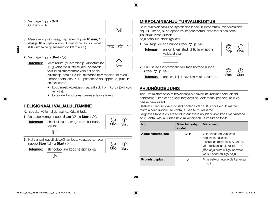 Samsung GE83M/BAL manual Helisignaali väljalülitamine, Mikrolaineahju turvalukustus, Ahjunõude juhis, Stop ja Kell 