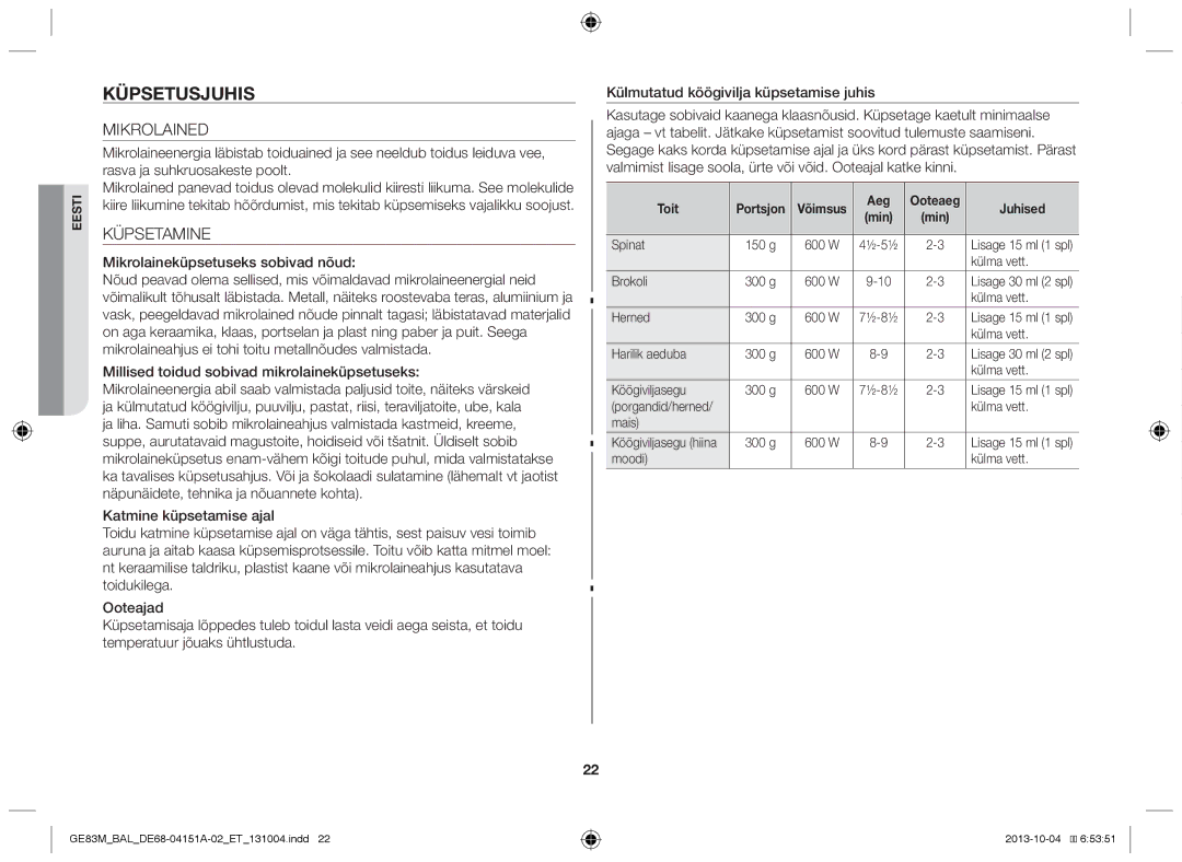 Samsung GE83M/BAL manual Küpsetusjuhis, Mikrolained, Küpsetamine, Mikrolaineküpsetuseks sobivad nõud 