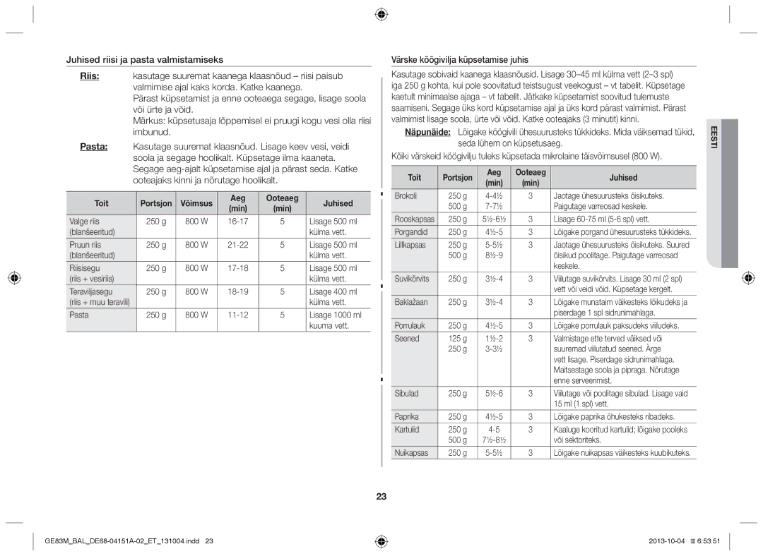 Samsung GE83M/BAL manual Värske köögivilja küpsetamise juhis 