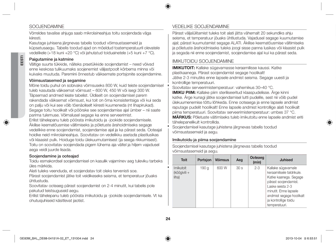 Samsung GE83M/BAL Vedelike Soojendamine, Imikutoidu Soojendamine, Paigutamine ja katmine, Võimsustasemed ja segamine 