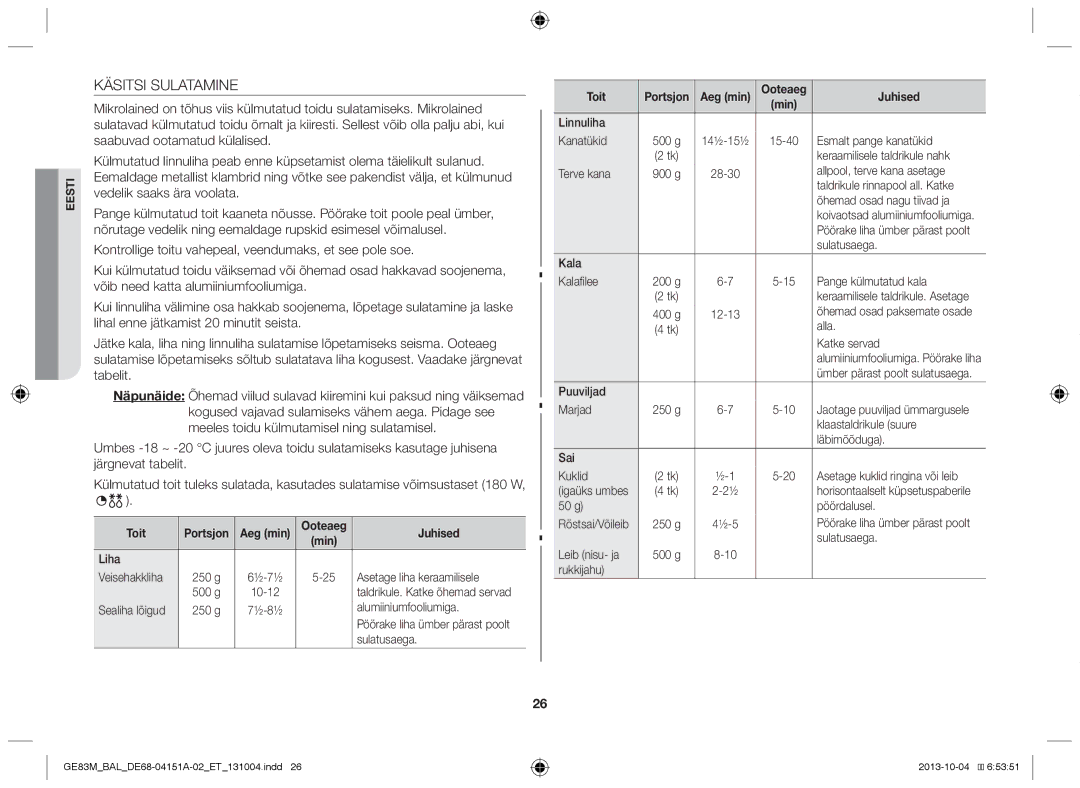 Samsung GE83M/BAL manual Käsitsi Sulatamine, Ooteaeg Juhised 