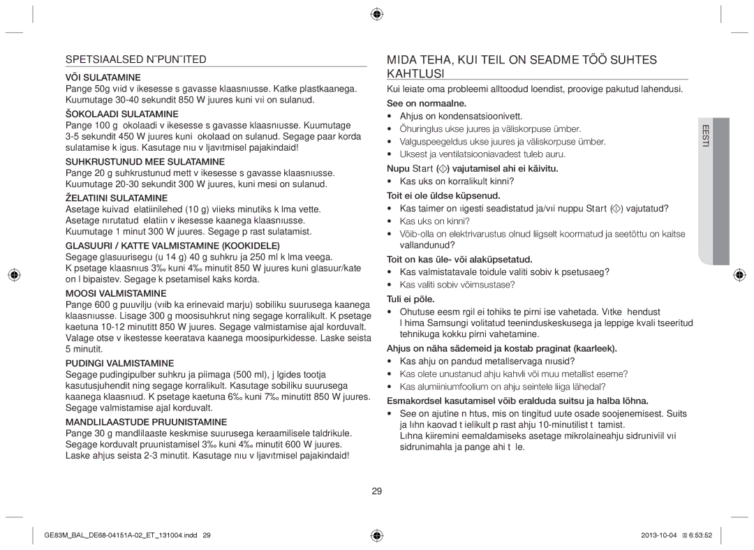 Samsung GE83M/BAL manual Mida teha, kui teil on seadme töö suhtes kahtlusi, Spetsiaalsed Näpunäited 