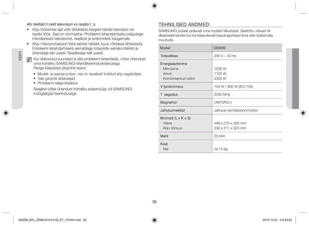 Samsung GE83M/BAL manual Tehnilised andmed, Ahi tekitab häireid televiisori või raadio töös, Mudel 