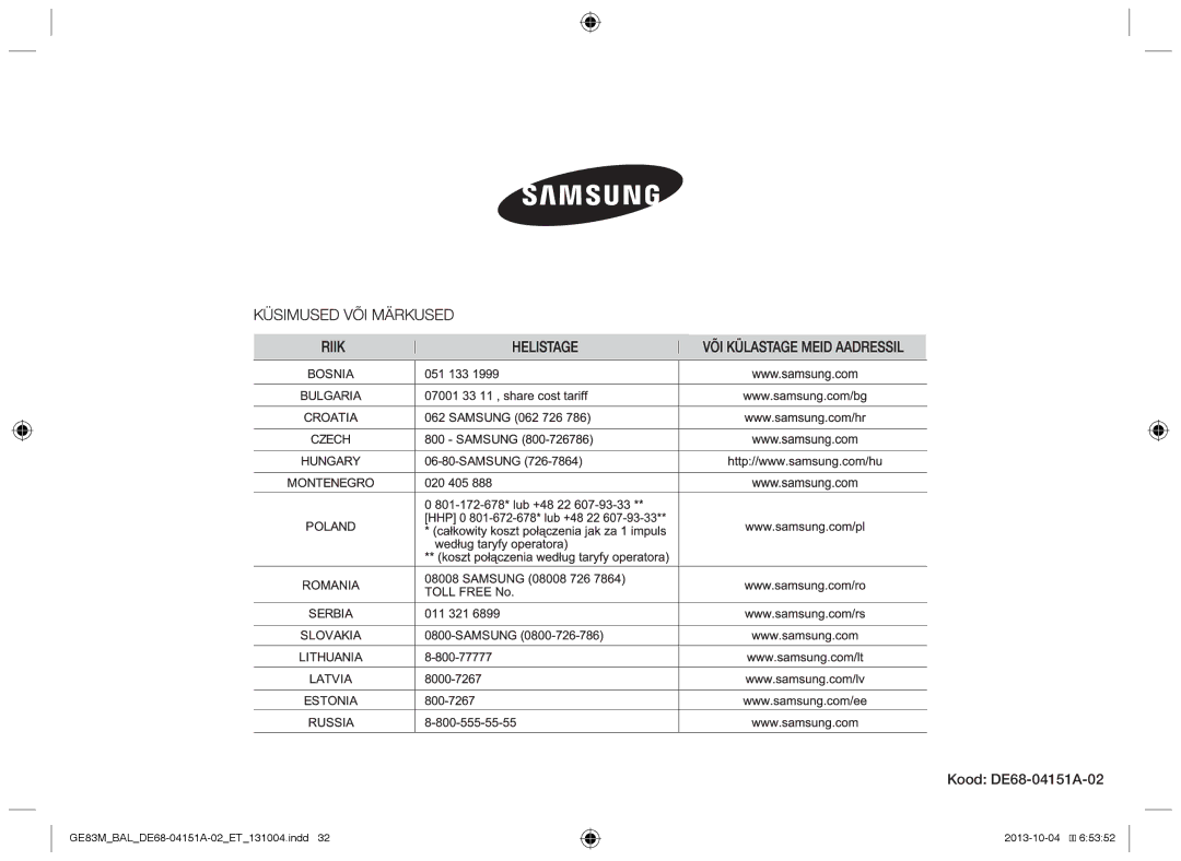 Samsung GE83M/BAL manual Kood DE68-04151A-02 