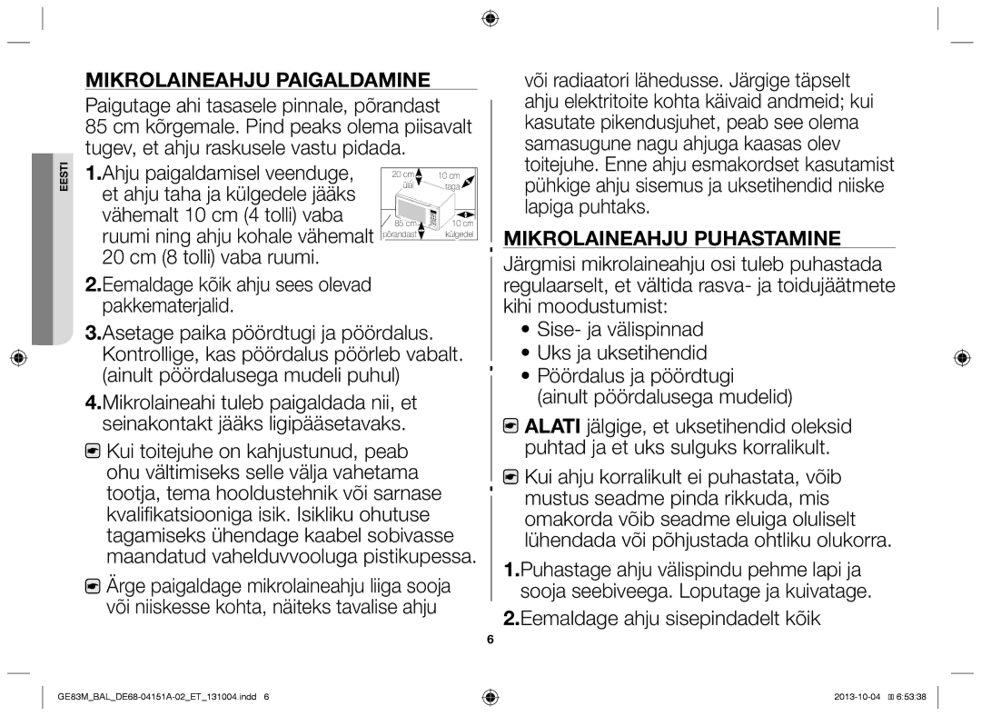 Samsung GE83M/BAL manual Mikrolaineahju paigaldamine 