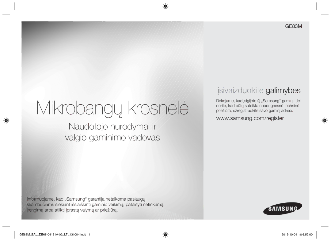 Samsung GE83M/BAL manual Mikrobangų krosnelė 