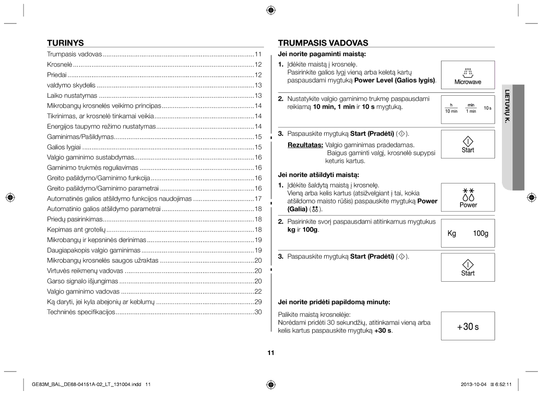 Samsung GE83M/BAL manual Turinys, Trumpasis vadovas, Jei norite pagaminti maistą, Jei norite atšildyti maistą 