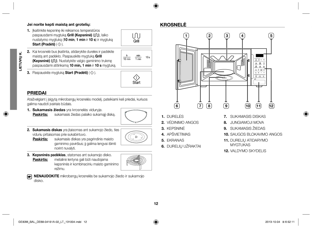 Samsung GE83M/BAL manual Priedai, Krosnelė, Jei norite kepti maistą ant grotelių, Start Pradėti 