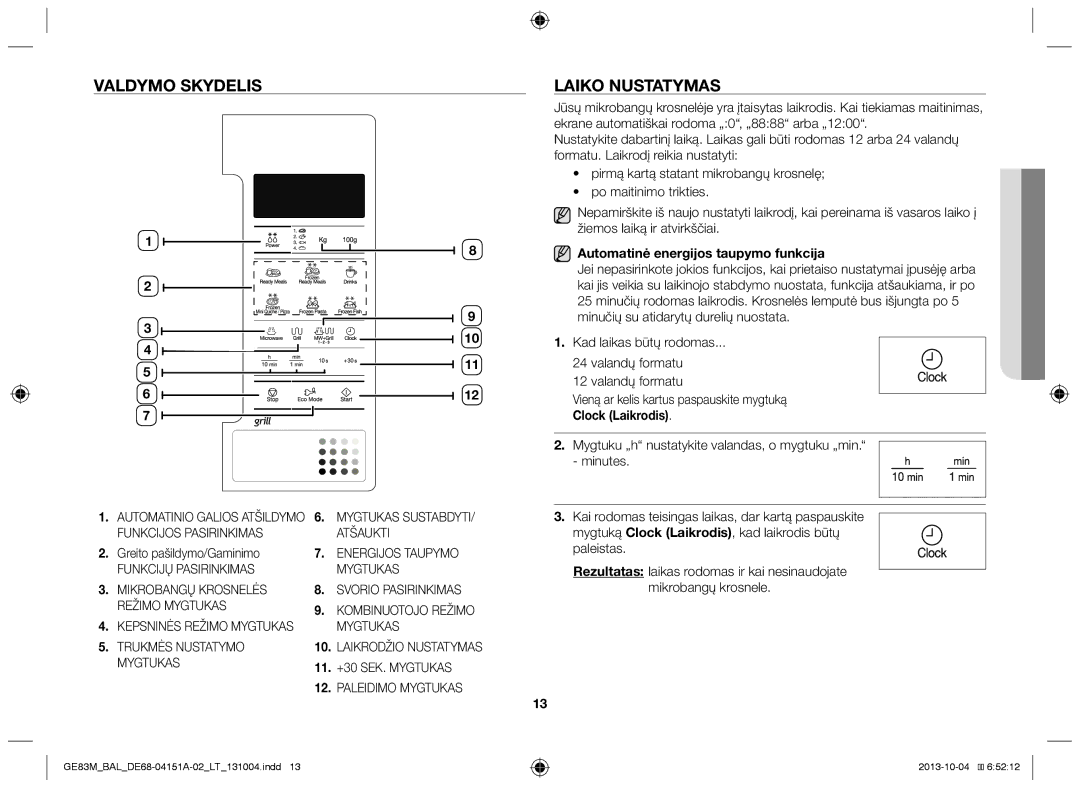 Samsung GE83M/BAL manual Valdymo skydelis Laiko nustatymas, Automatinė energijos taupymo funkcija, Clock Laikrodis 