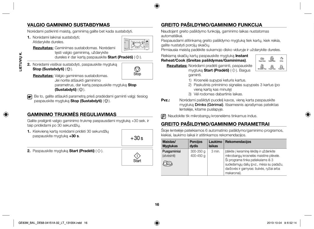 Samsung GE83M/BAL manual Gaminimo trukmės reguliavimas, Greito pašildymo/Gaminimo parametrai, Stop Sustabdyti 