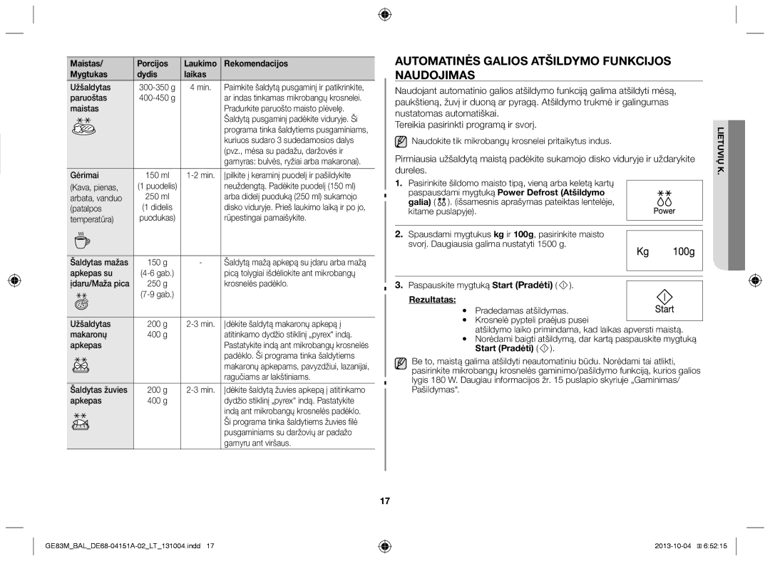 Samsung GE83M/BAL manual Automatinės galios atšildymo funkcijos naudojimas, Rezultatas, Start Pradėti 