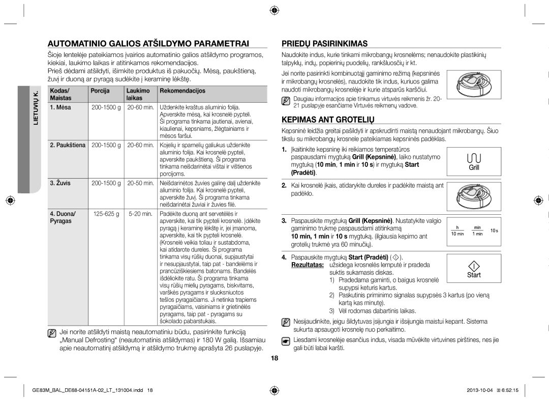 Samsung GE83M/BAL manual Automatinio galios atšildymo parametrai, Priedų pasirinkimas, Kepimas ant grotelių 