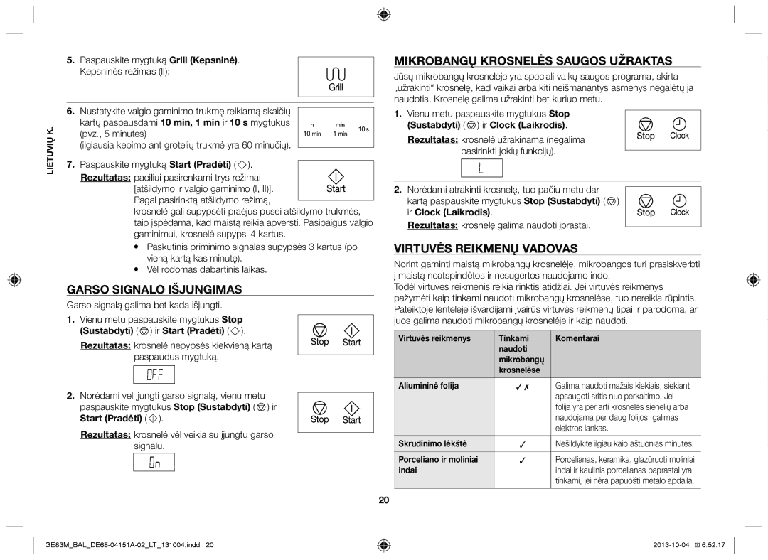 Samsung GE83M/BAL manual Garso signalo išjungimas, Mikrobangų krosnelės saugos užraktas, Virtuvės reikmenų vadovas 